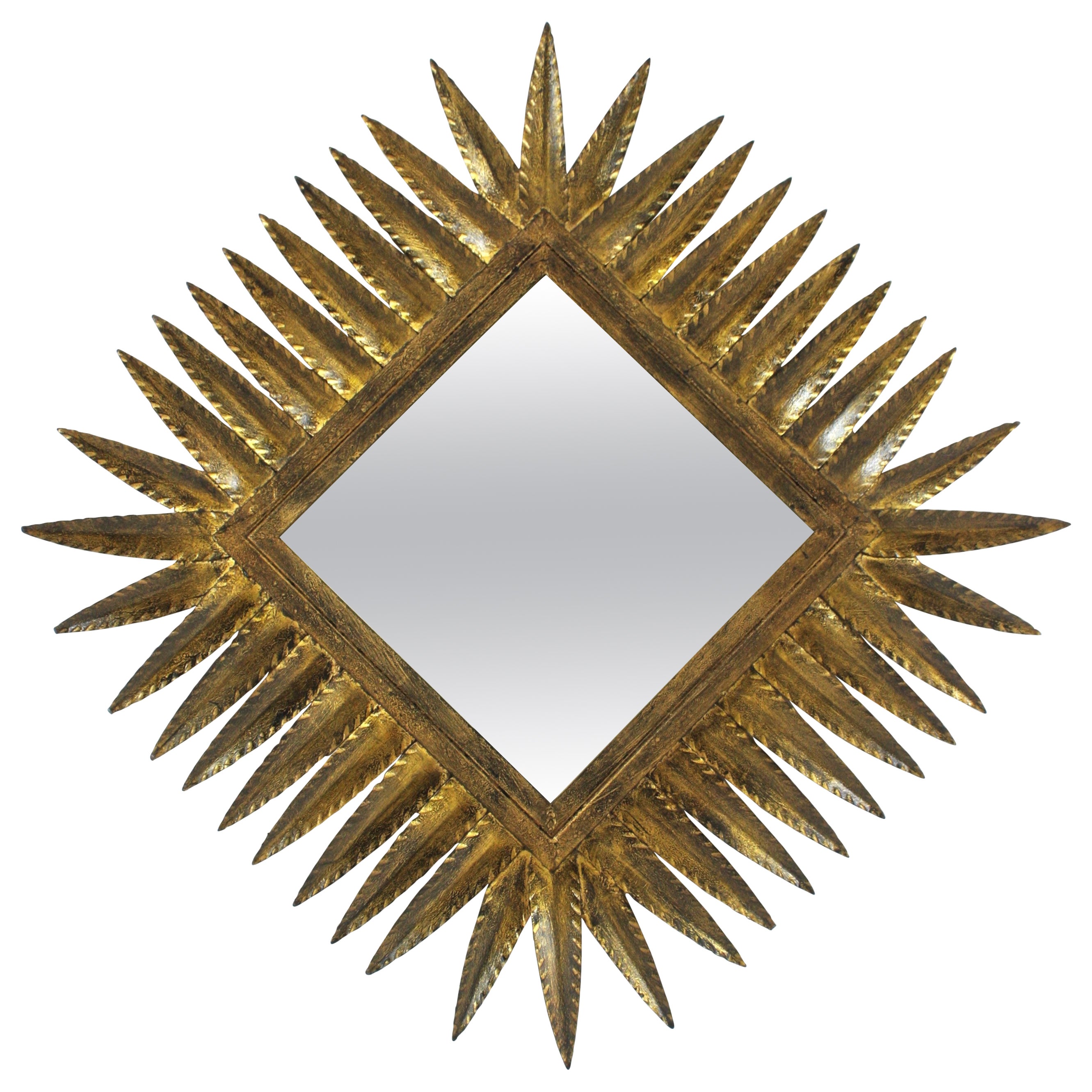 Rhombus Sunburst Mirror in Gilt Wrought Iron by Ferro Art, Spain 1950s