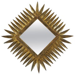 Rhombus Sunburst Mirror in Gilt Wrought Iron by Ferro Art, Spain 1950s