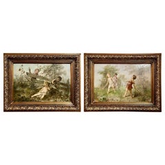 Pair Antique 19th Century Austrian Heinrich Lefler Framed Oil on Panel Paintings