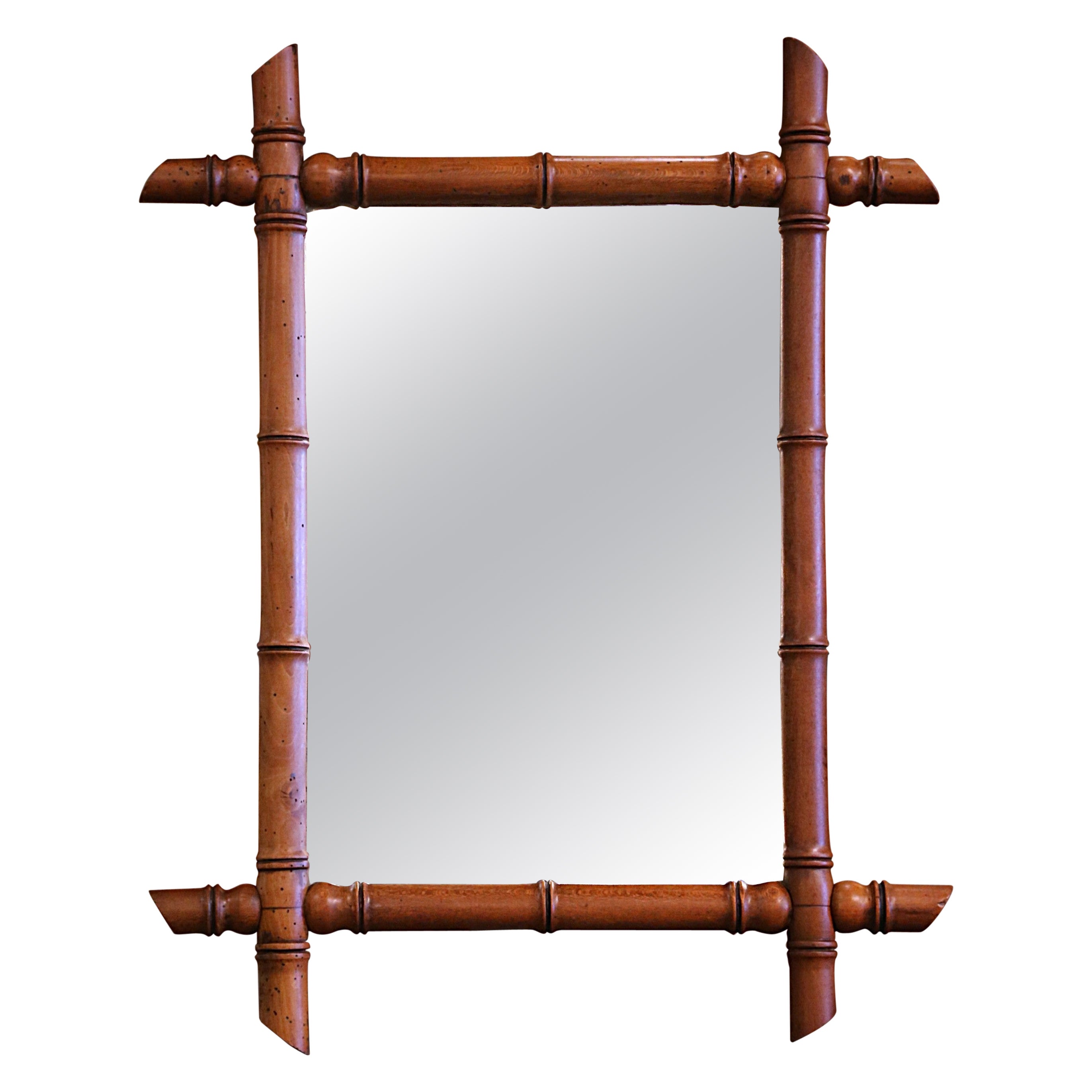Early 20th Century French Hand Carved Walnut Faux Bamboo Wall Mirror