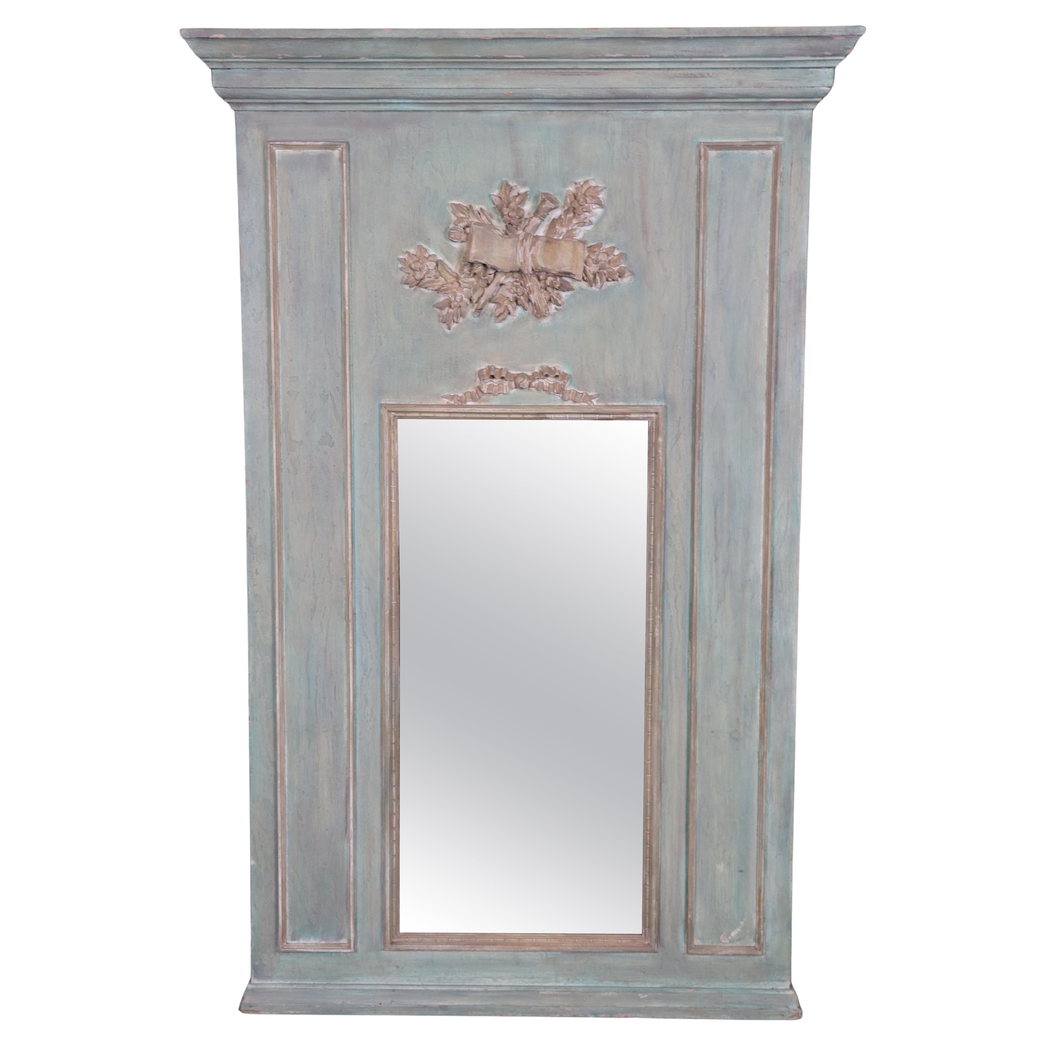 Carved French Green and Antique Glass Louis XV Style Trumeau Mirror Circa 1920 For Sale