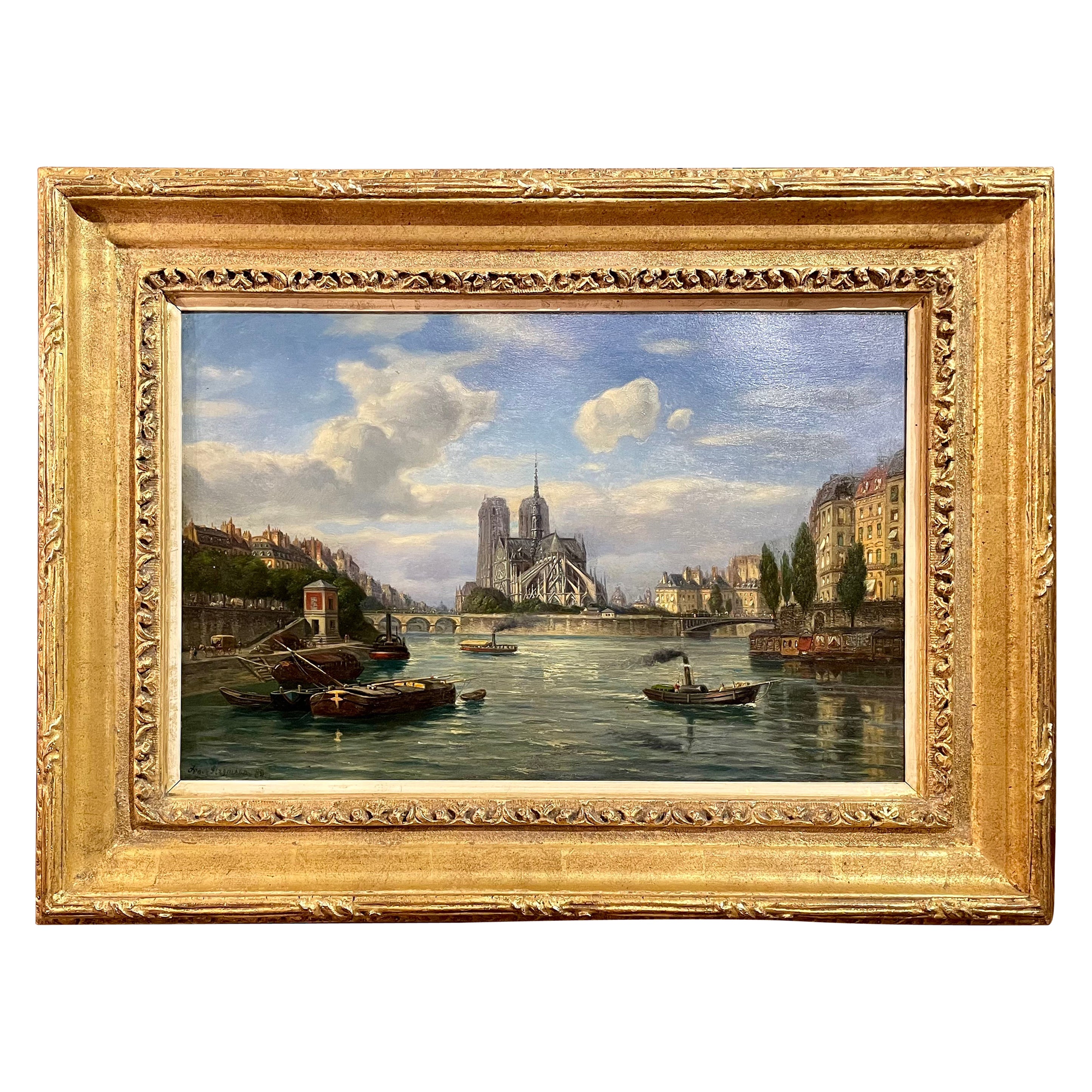 Antique German Franz Stegmann (1831-1892) Framed Oil on Panel of Notre Dame. For Sale