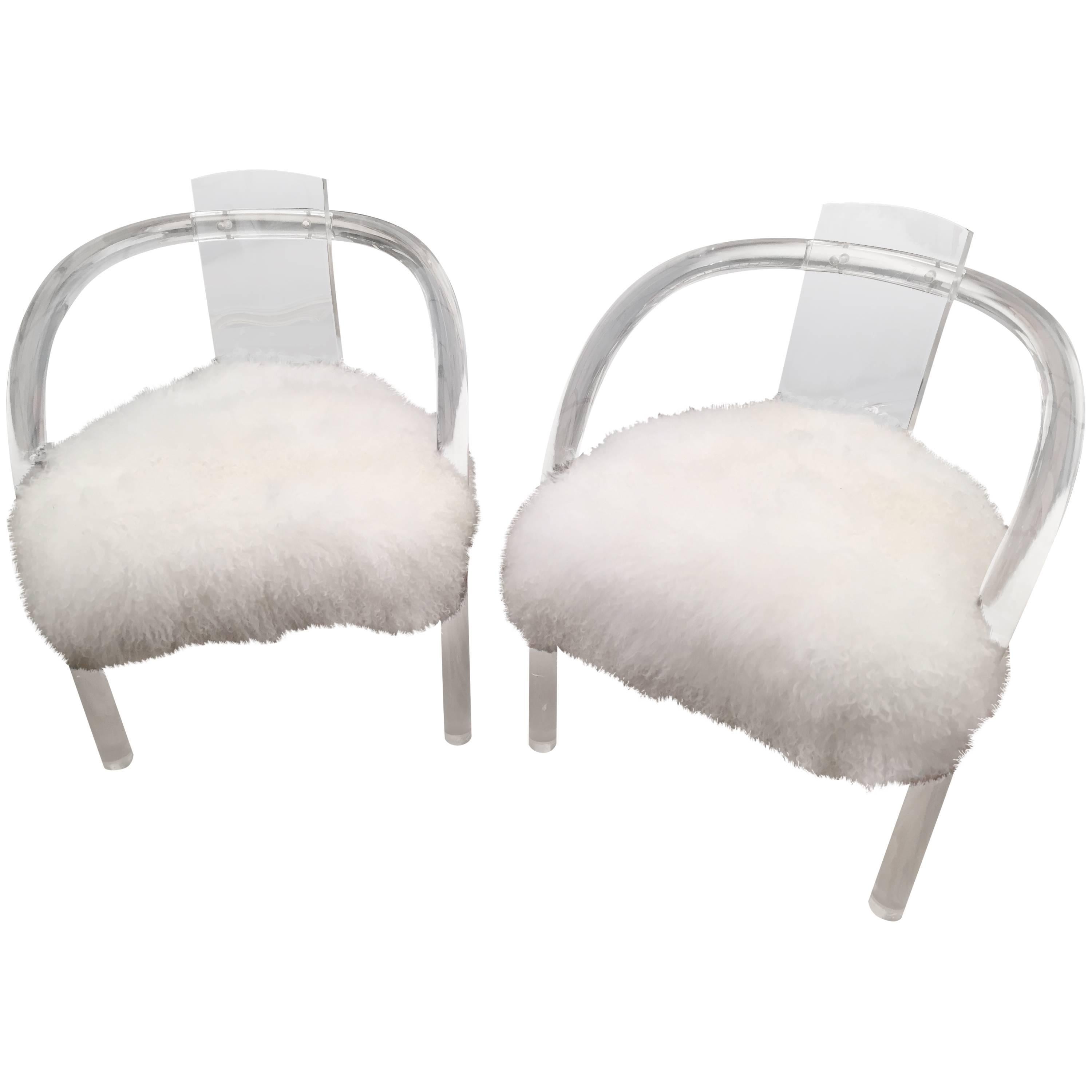 Pair of Wycombe-Meyer Lucite "Loop" Chairs with Tibetan Fur Seats For Sale