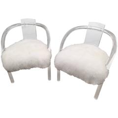 Pair of Wycombe-Meyer Lucite "Loop" Chairs with Tibetan Fur Seats