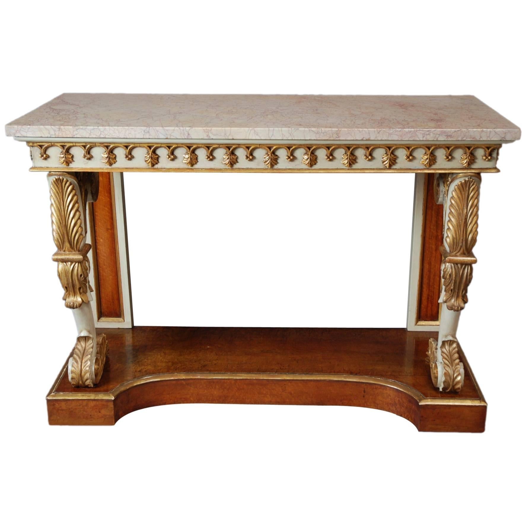 English Regency Gilt and Painted Burr Maple Console Table For Sale