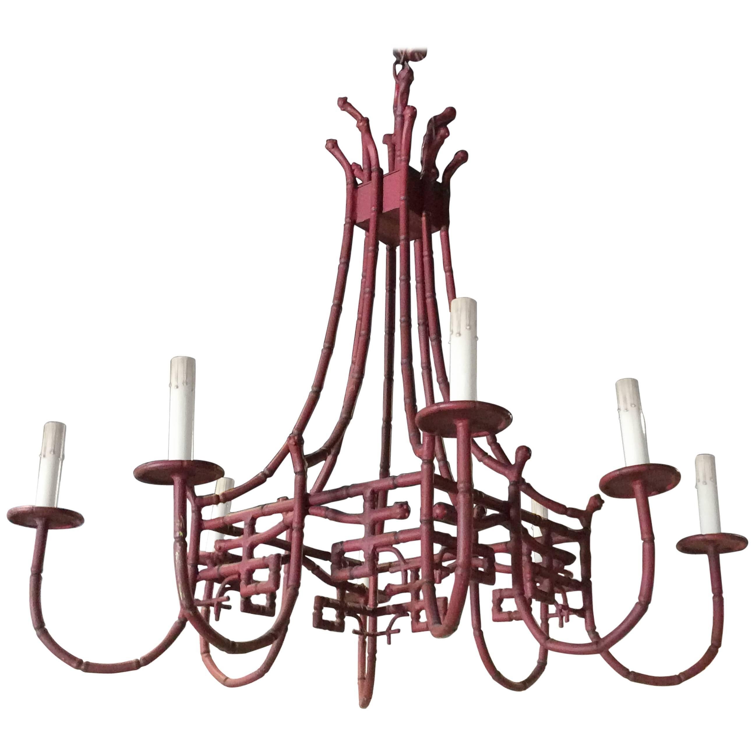 Greek Key Faux Bamboo Pagoda Large Chandelier Metal Tole Chinese Chippendale