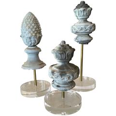Antique Collection of Three Zinc Finial Artifacts Mounted on Lucite Bases