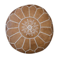 Hand-Tooled Brown Round Geniune Leather Pouf. UNSTUFFED. Custom Option Available
