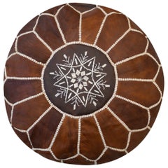 Hand-Tooled Brown Round Geniune Leather Pouf. UNSTUFFED. Custom Option Available