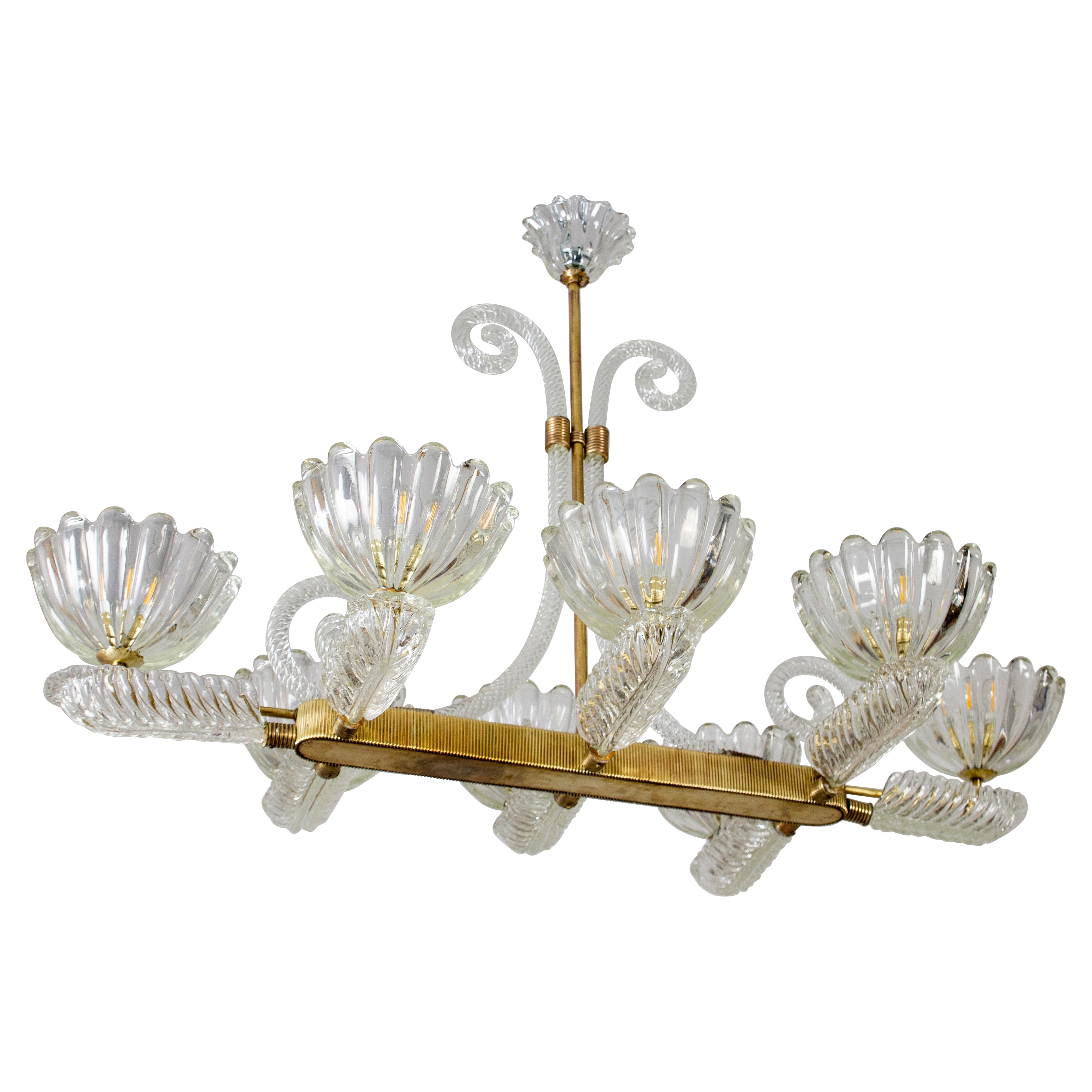 Lustre Art Déco en verre de Murano monté sur laiton par Ercole Barovier, 1940
