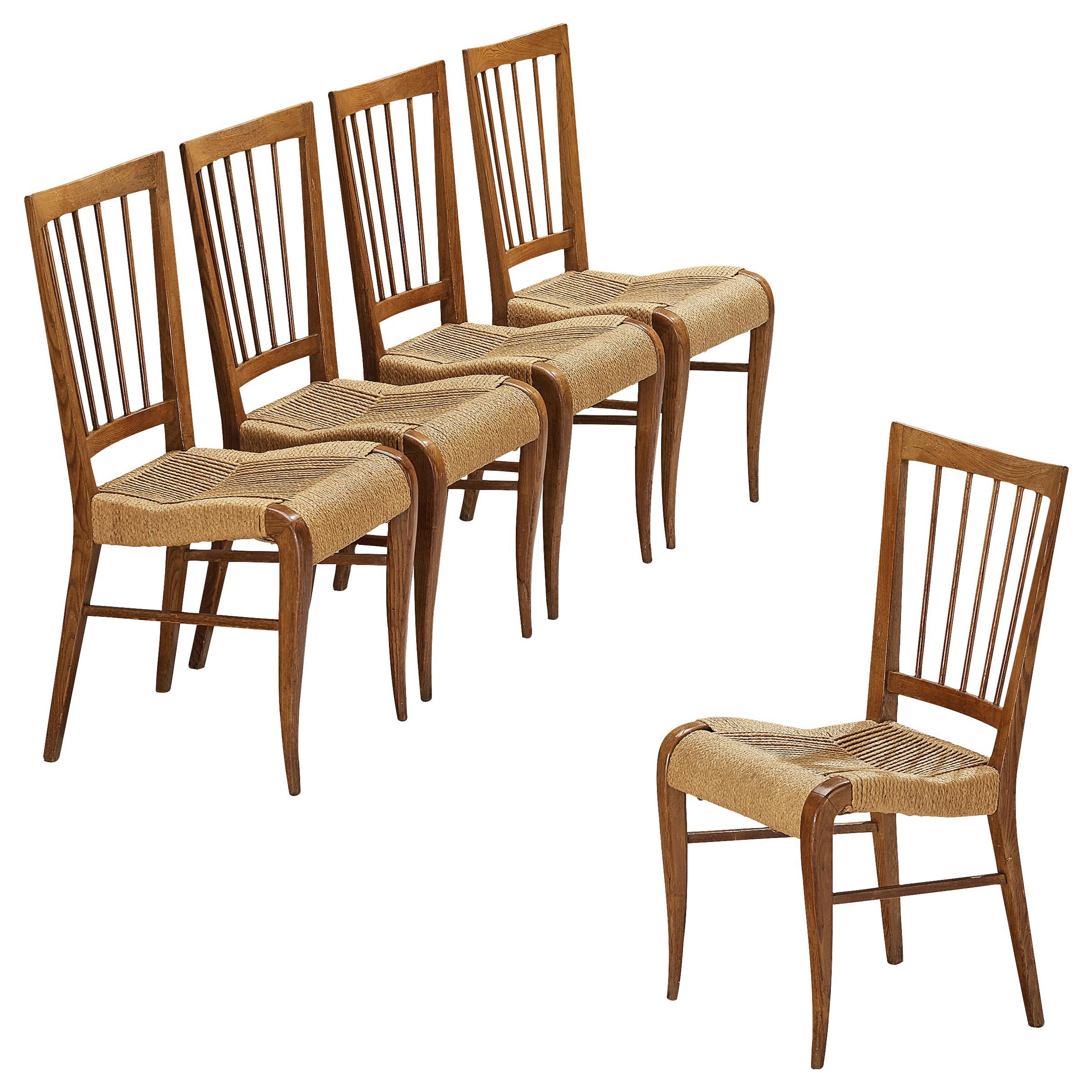 1940s French Set of Five Dining Chairs in Chestnut and Rush