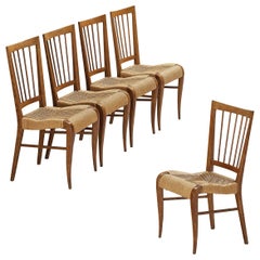 1940s French Set of Five Dining Chairs in Chestnut and Rush