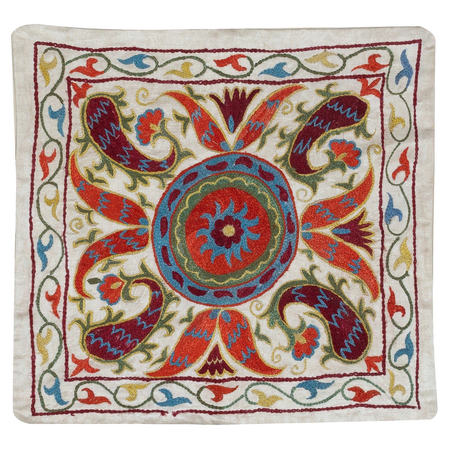 Funda de cojín de seda y algodón bordada a mano de 17 "x18". Funda de cojín Uzbek Toss