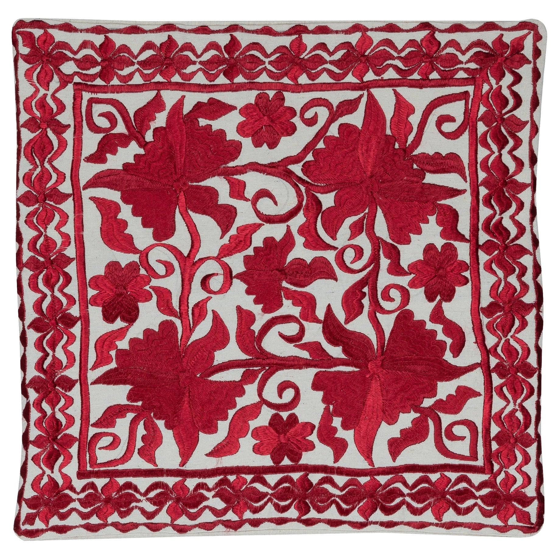 17"x17" Besticktes Baumwollkissen. Handgefertigte Kissenbezug. Rote Spitze Kissen