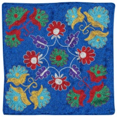 Funda de cojín bordada en seda de 16 "x16". Funda de almohada hecha a mano. Cojín de encaje azul