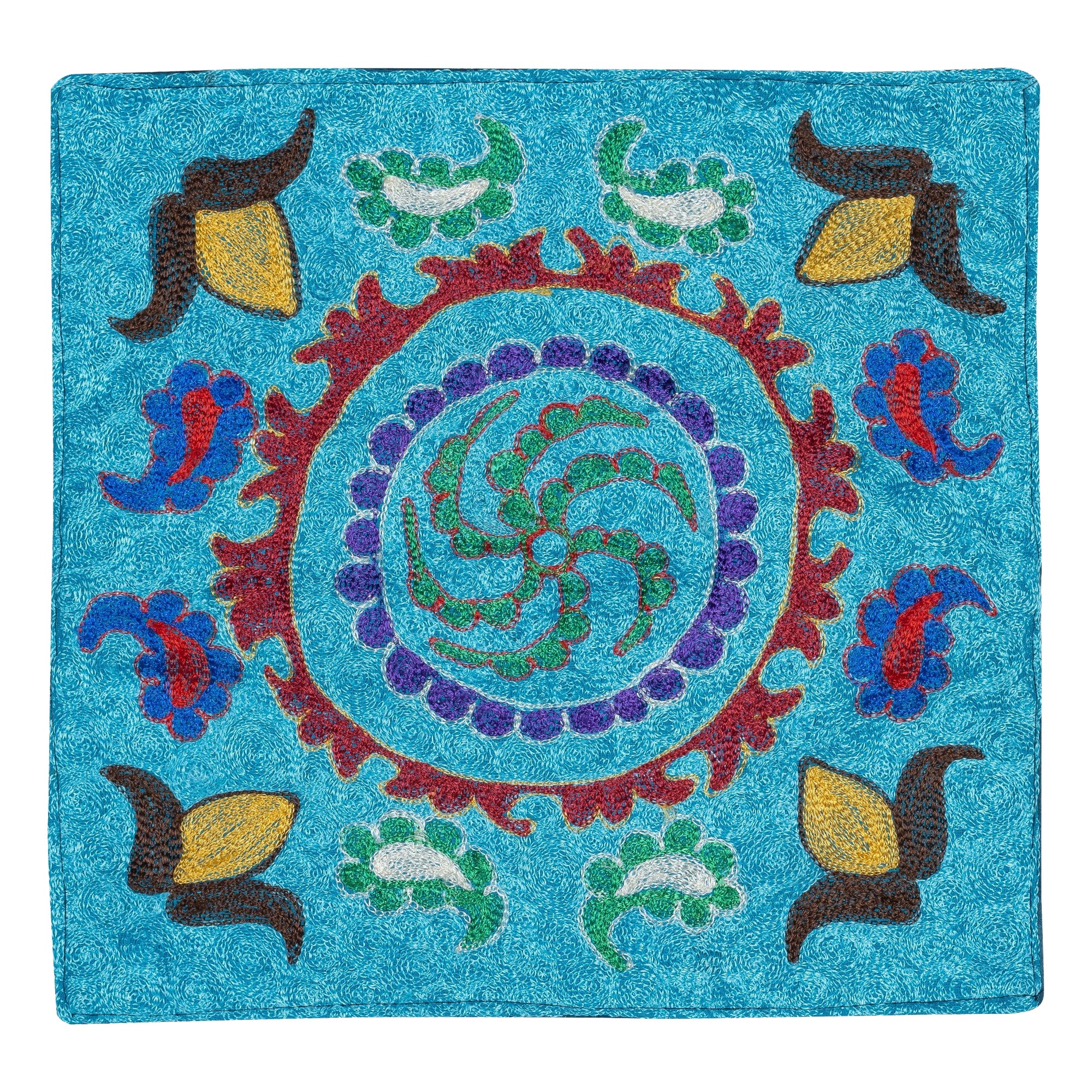 16"x16" Hand Embroidered Silk and Cotton Cushion Cover. Blue Toss Pillow Cover
