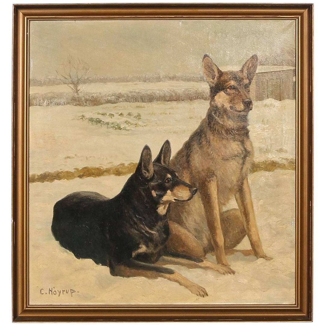Large Original Oil on Canvas of 2 German Shepherds, signed C. Hoyrup, circa 1910