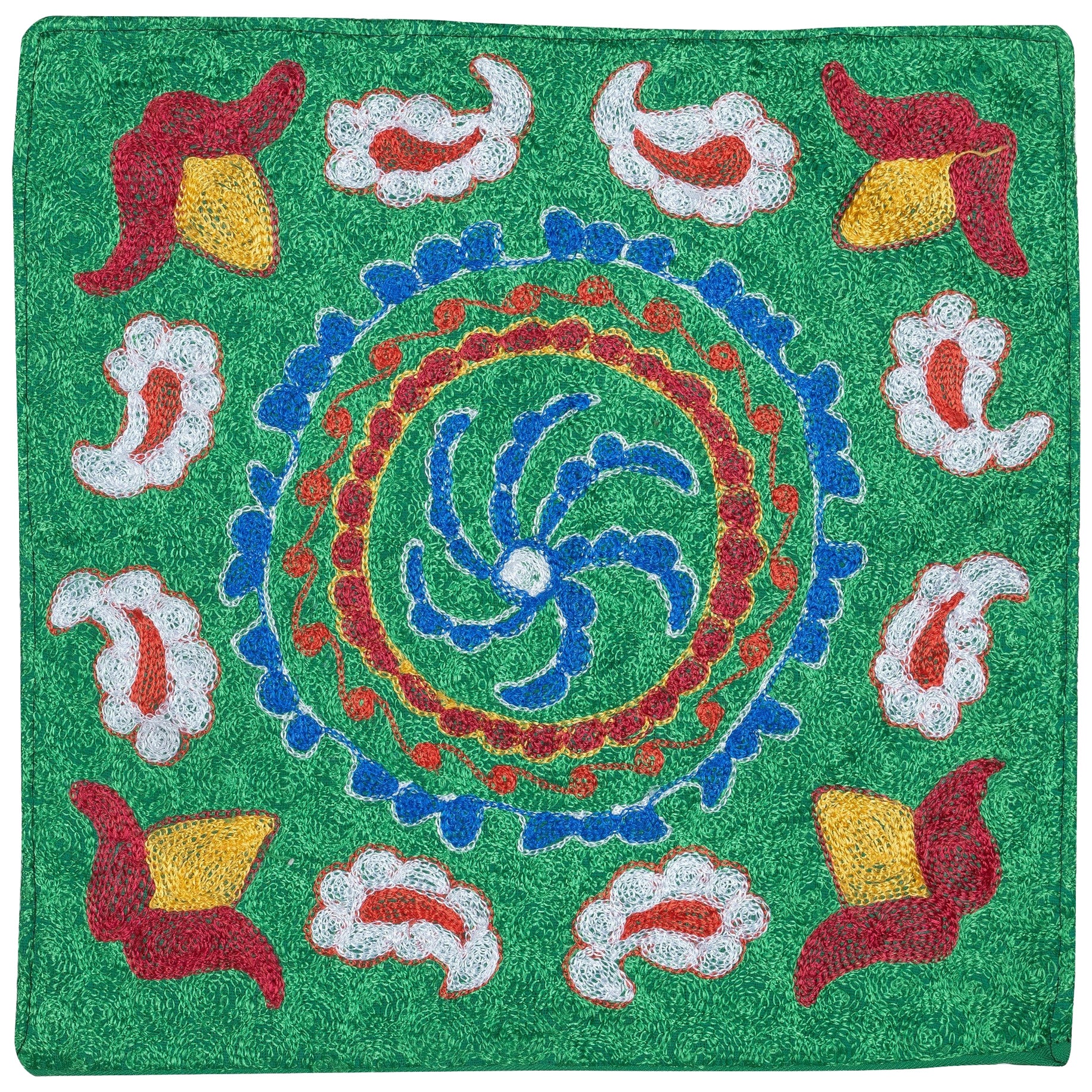 16"x16" Silk Embroidery Cushion Cover. Green Toss Pillow. Handmade Pillowcase