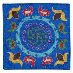 Copricuscino con ricamo a mano in seta 15 "x16". Federa blu. Cuscino moderno in pizzo