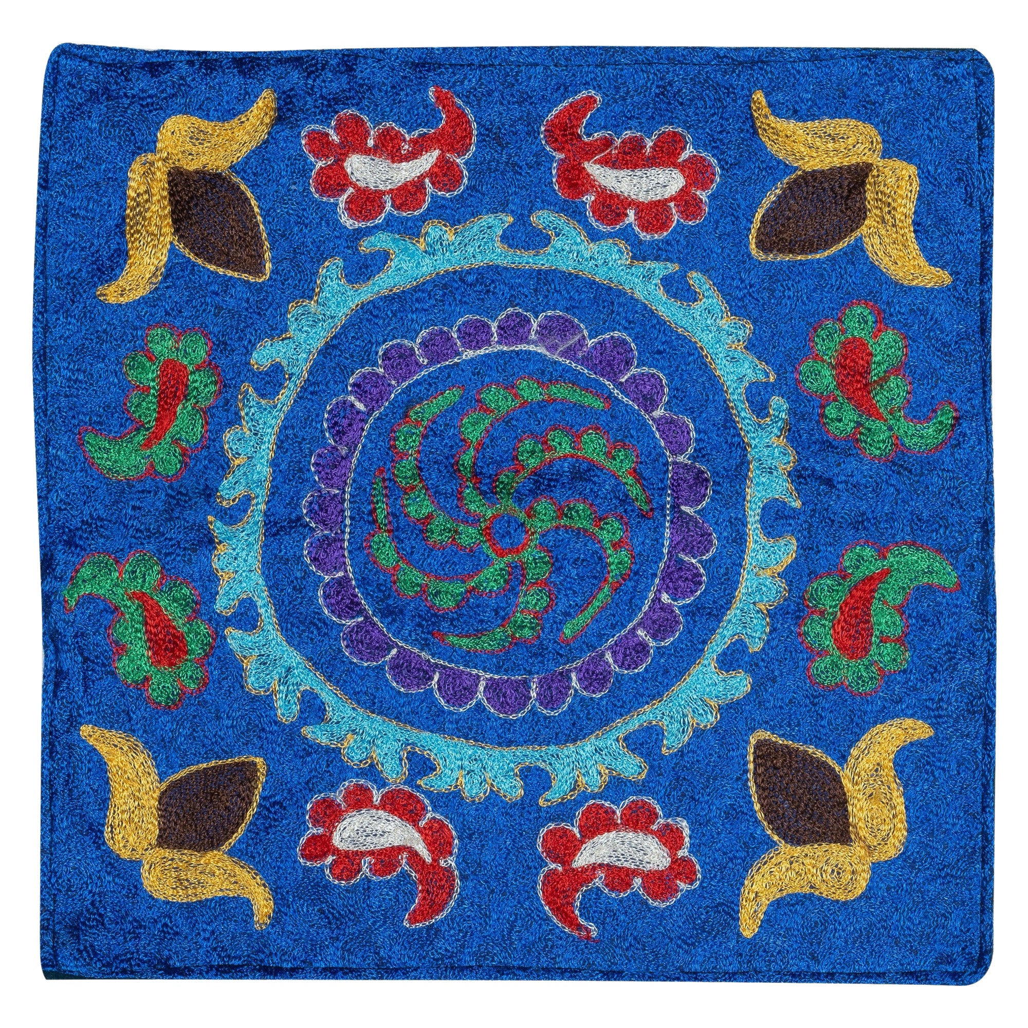 Copricuscino in seta e cotone ricamato a mano 15 "x16". Copricuscino blu