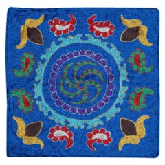 Housse de coussin en soie et coton brodée à la main 15 "x16". Couvercle d'oreiller bleu