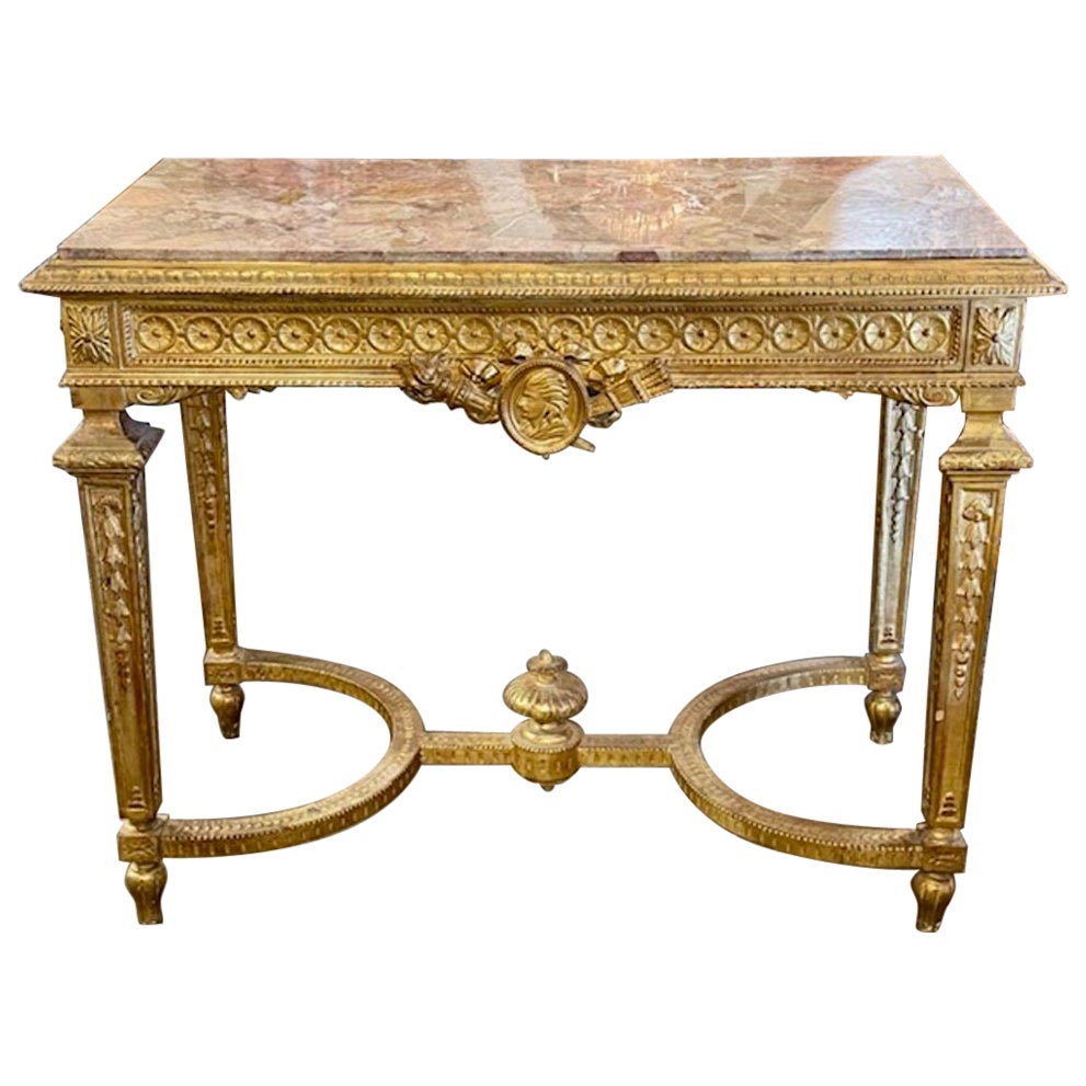 Italienischer Konsolentisch aus geschnitztem Giltwood mit Marmorplatte aus dem 19. im Angebot