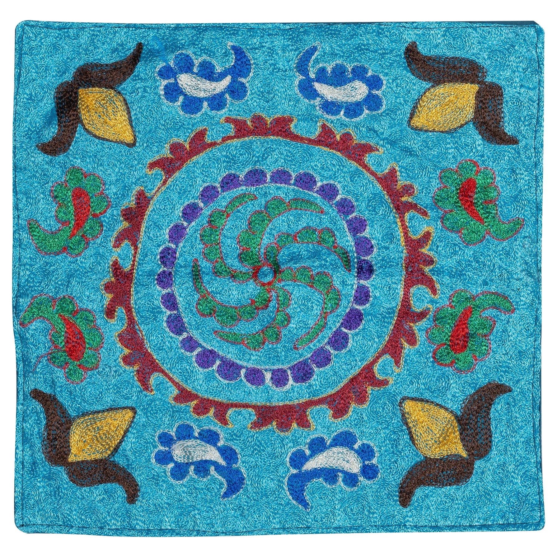 16"x16" Silk Embroidery Cushion Cover. Handmade Pillowcase. Blue Throw Pillow