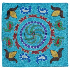 Funda de cojín bordada en seda de 16 "x16". Funda de almohada hecha a mano. Cojín Azul
