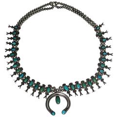 Excellent Early Navajo Squash Blossom Necklace Turquoise Silver