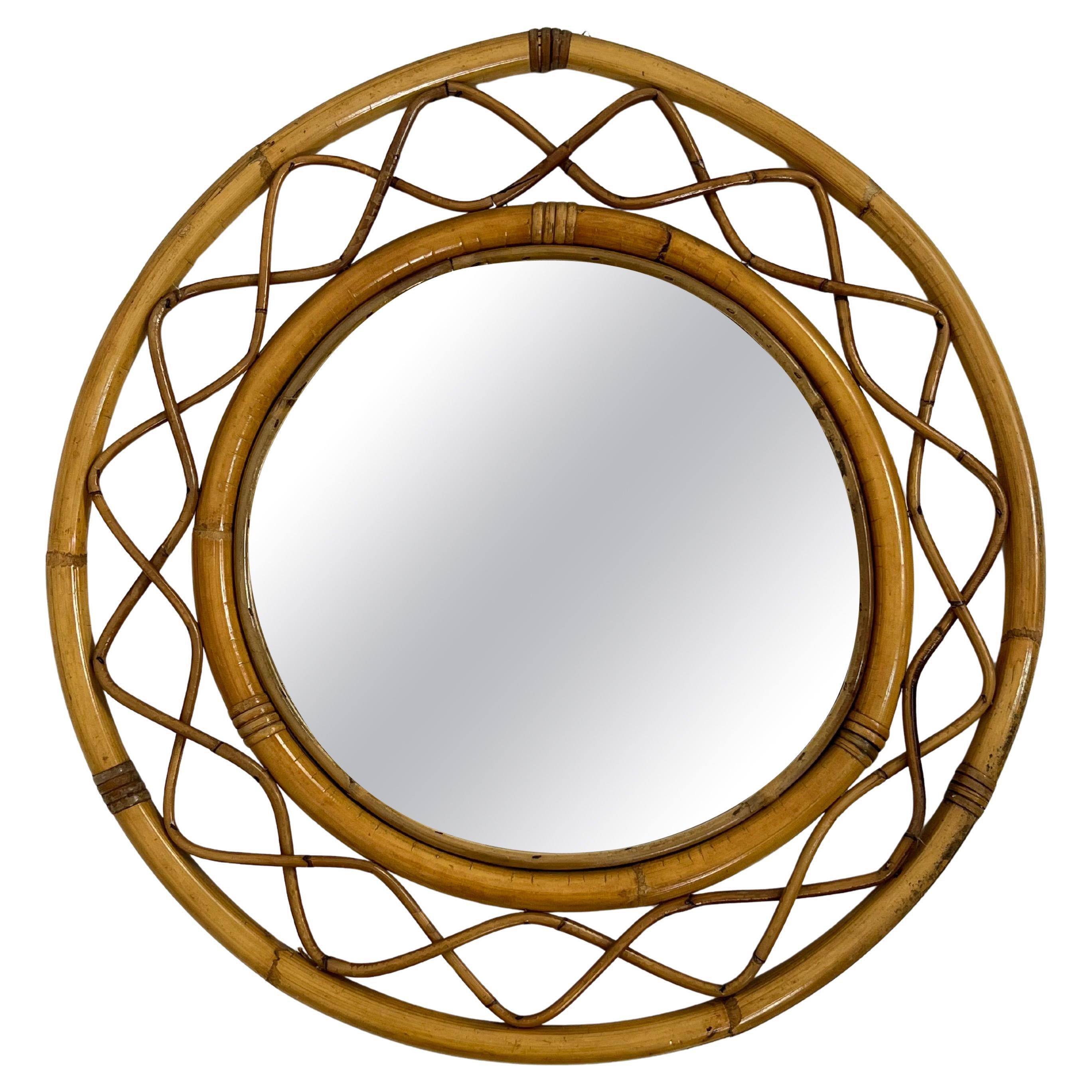 Mid-century Round Bamboo and Rattan Wall Mirror, Made in Italy, 1960s