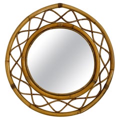 Miroir mural rond du milieu du siècle dernier en bambou et rotin, fabriqué en Italie, années 1960