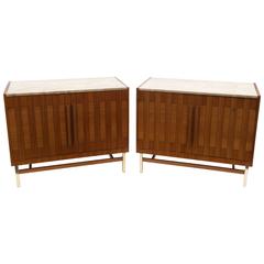 Pair of Vintage Modern Drexel Heritage Cabinets with Marble Travertine Tops