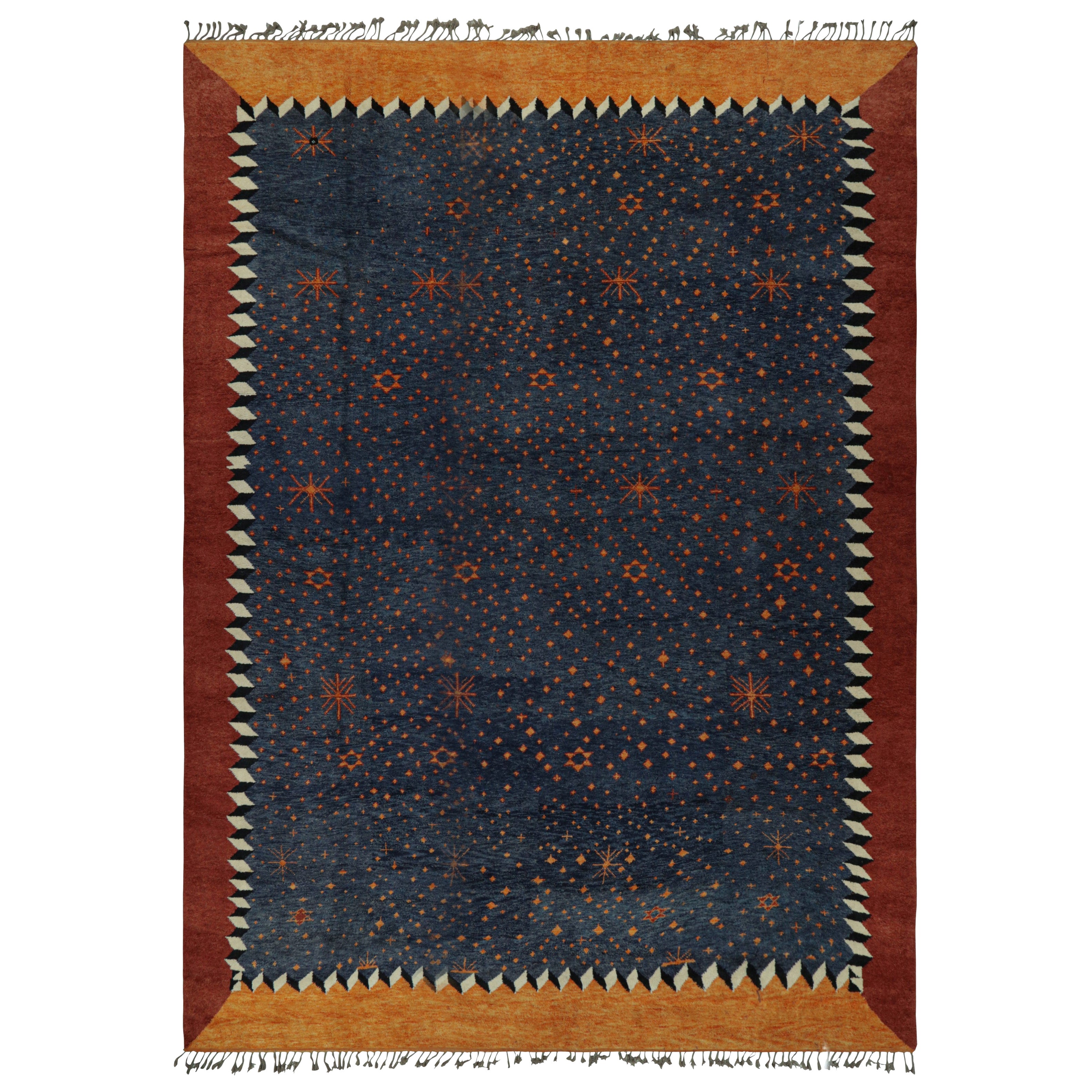 Rug & Kilim’s Oversized Moroccan Style Rug in Blue with Rust Geometric Patterns For Sale