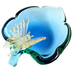 Murano Sommerso Blue Gold Flecks Butterfly Italian Art Glass Decorative Bowl