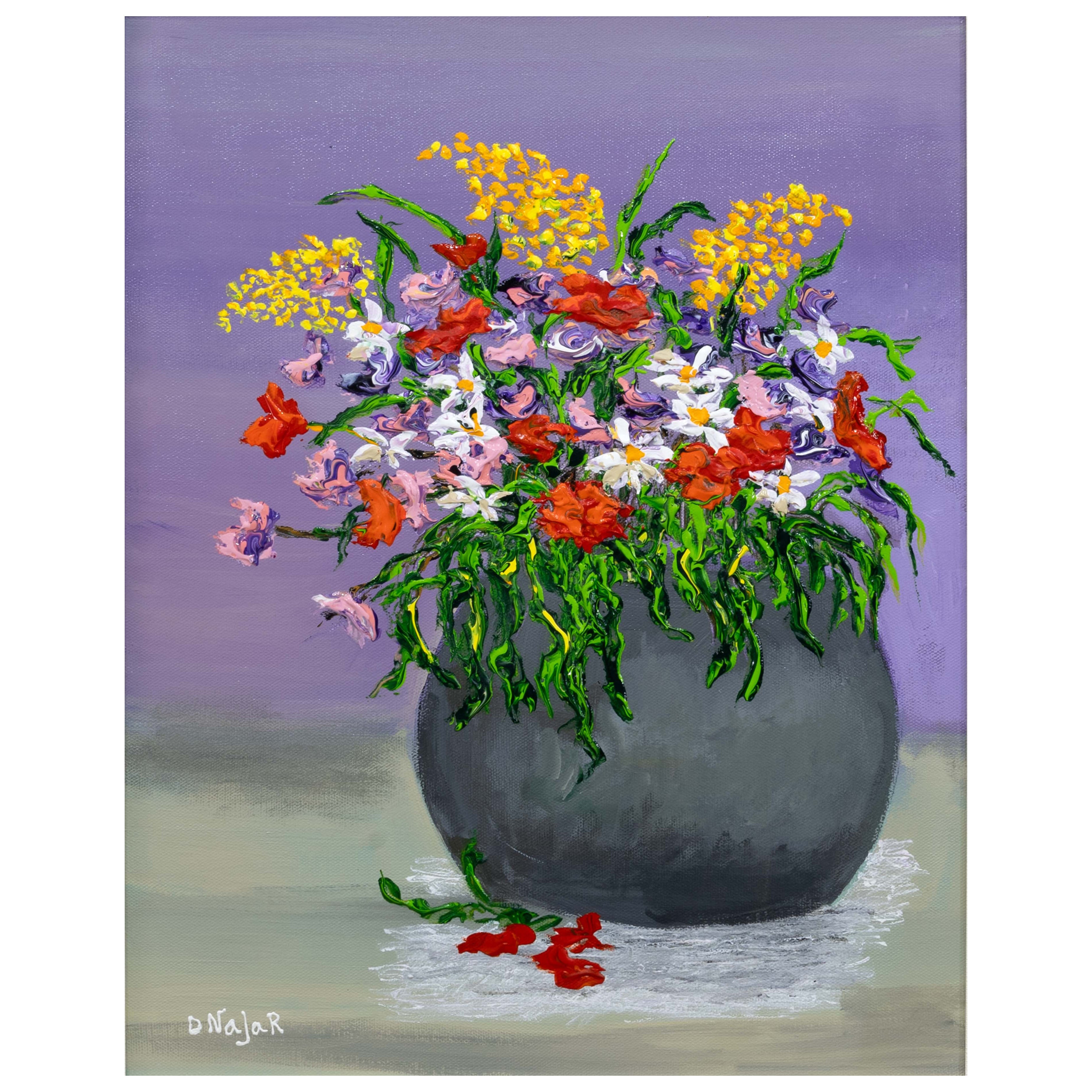David Najar Flower Base Signed Contemporary Unique Oil Painting Canvas Framed