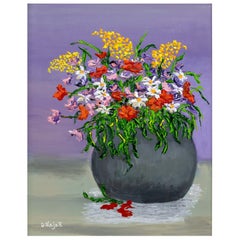 David Najar Flower Base Signed Contemporary Unique Oil Painting Canvas Encadré