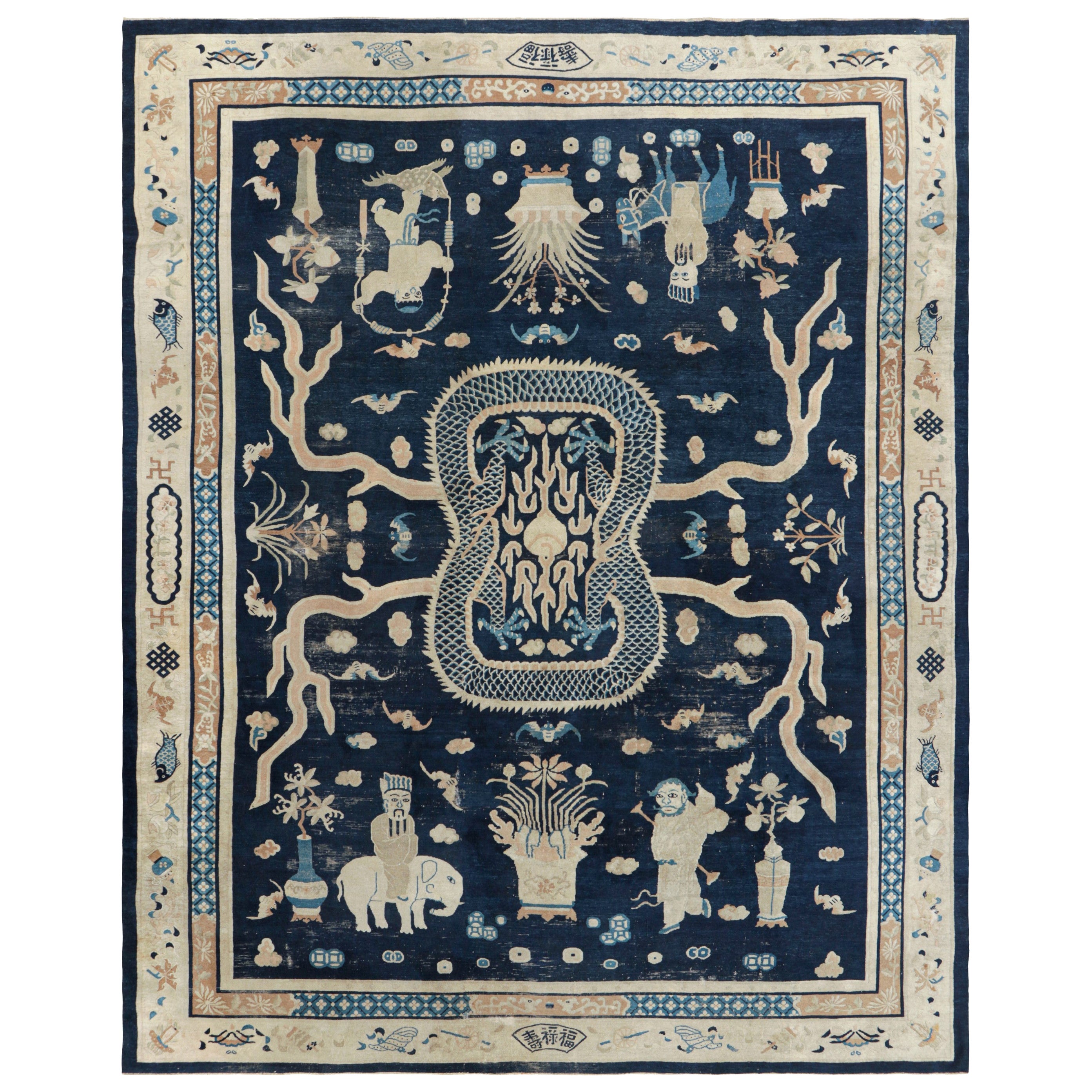 Oversized Antique Chinese Peking Rug in Navy Blue with Pictorials - Rug & Kilim For Sale