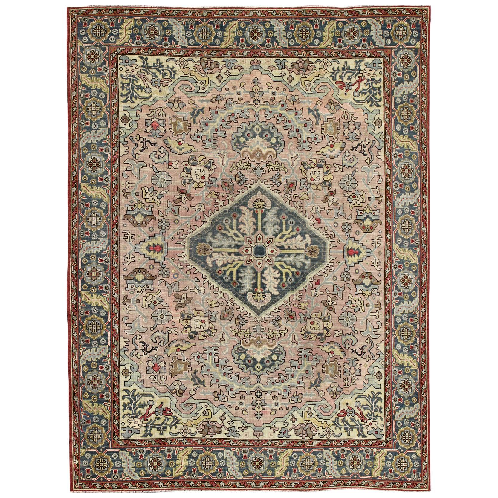 Hand Knotted Turkish Oushak Rug with Floral Design in Light Pink and Steel Blue 