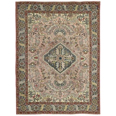 Vintage Hand Knotted Turkish Oushak Rug with Floral Design in Light Pink and Steel Blue 