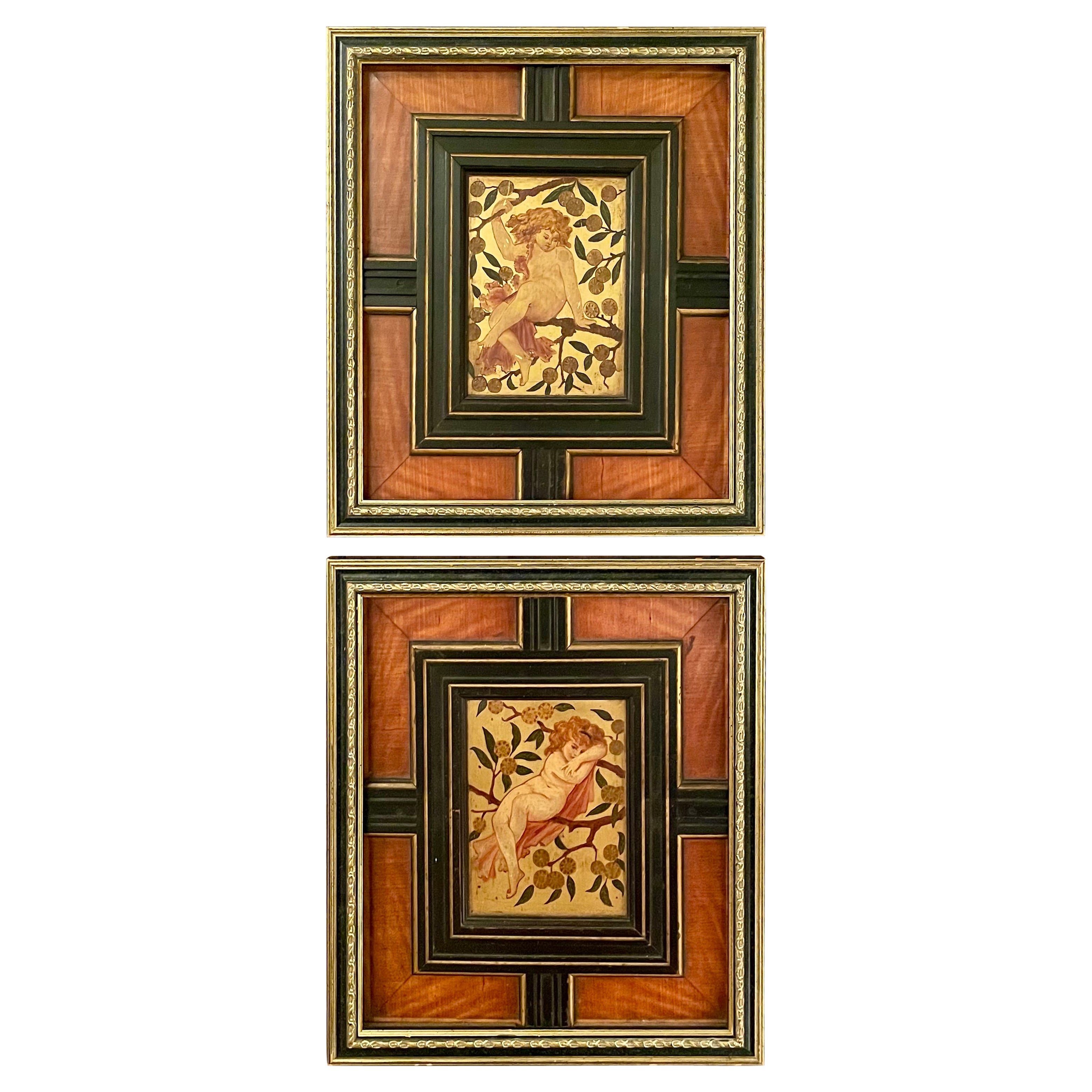 Pair Antique Art Nouveau Paintings Framed in Satinwood & Ebony Panels Circa 1900 For Sale