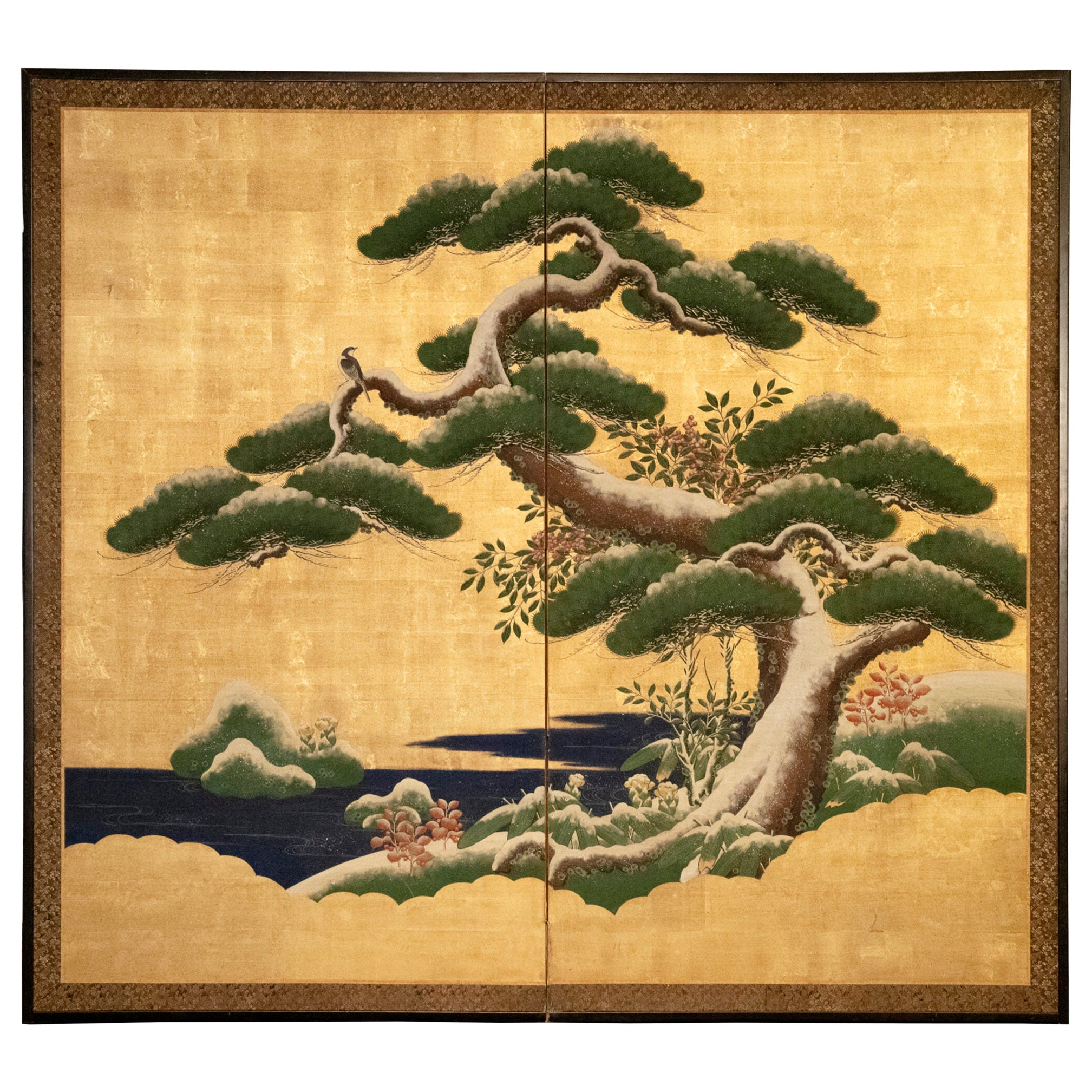 Japanese Two Panel Screen: Pine in Snow