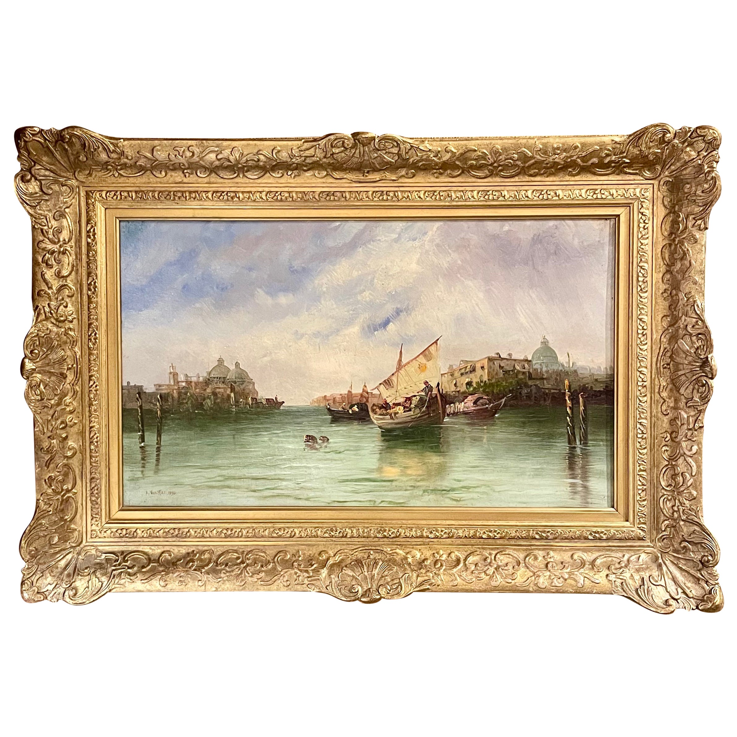 Antique 19th Century Austrian Joachim Van Hier Painting of a Venice Harbor Scene