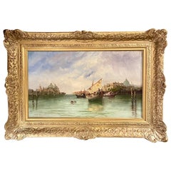Antique 19th Century Austrian Joachim Van Hier Painting of a Venice Harbor Scene