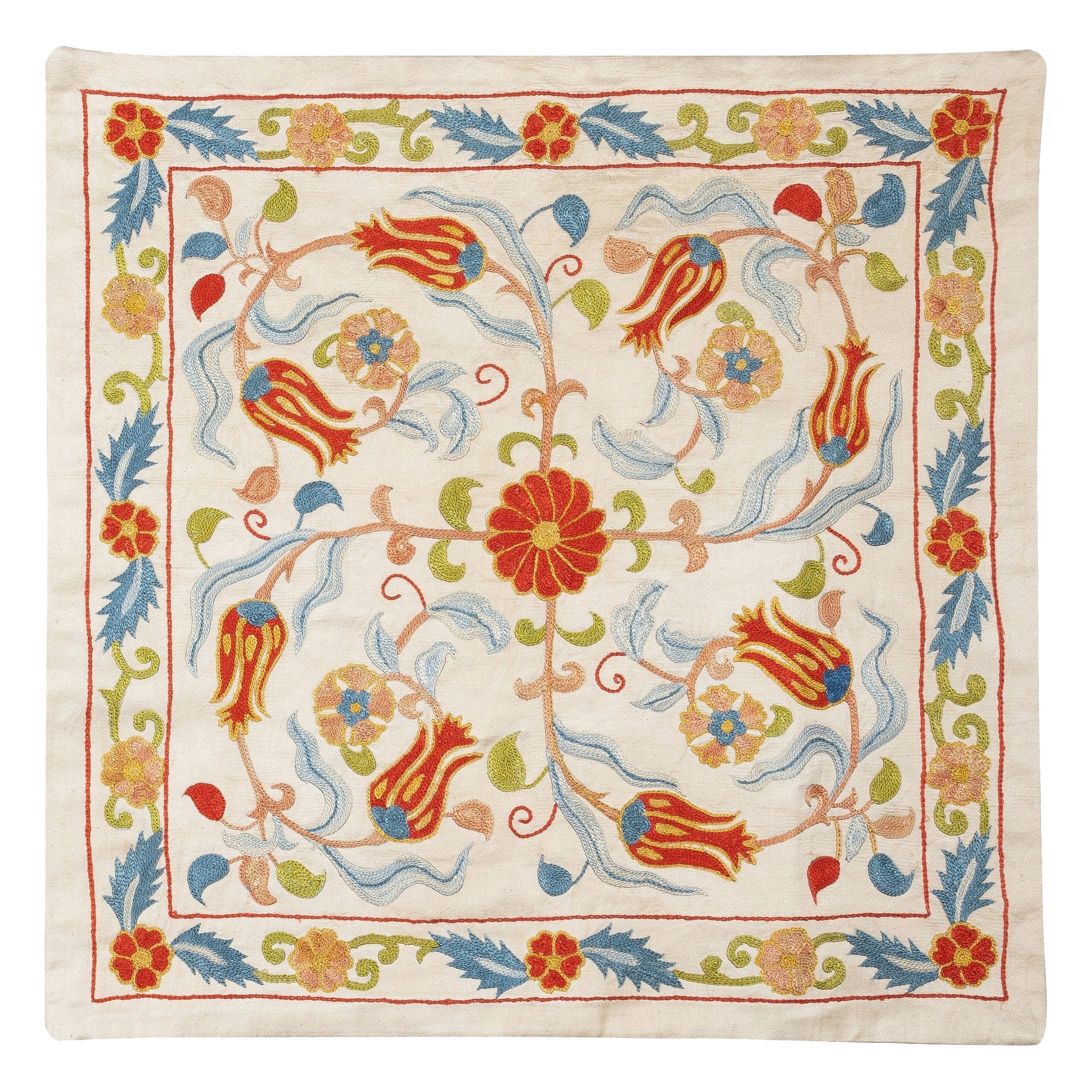 20"x20" 100% Silk Embroidered Pillow Cover. Colorful Handmade Cushion Cover For Sale