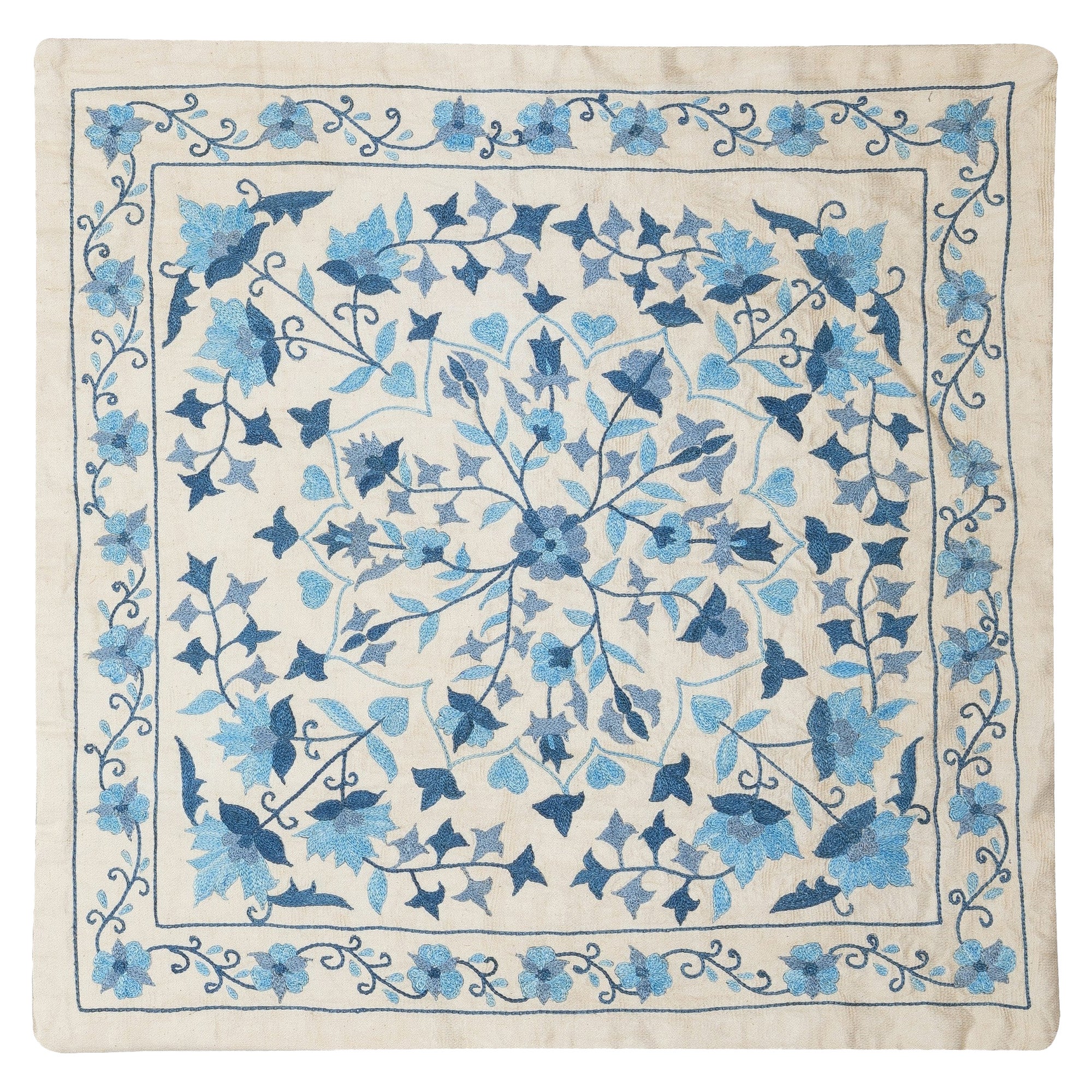 20"x20" All Silk Cushion Cover. Blue Color Lace Pillow. Embroidery Toss Pillow