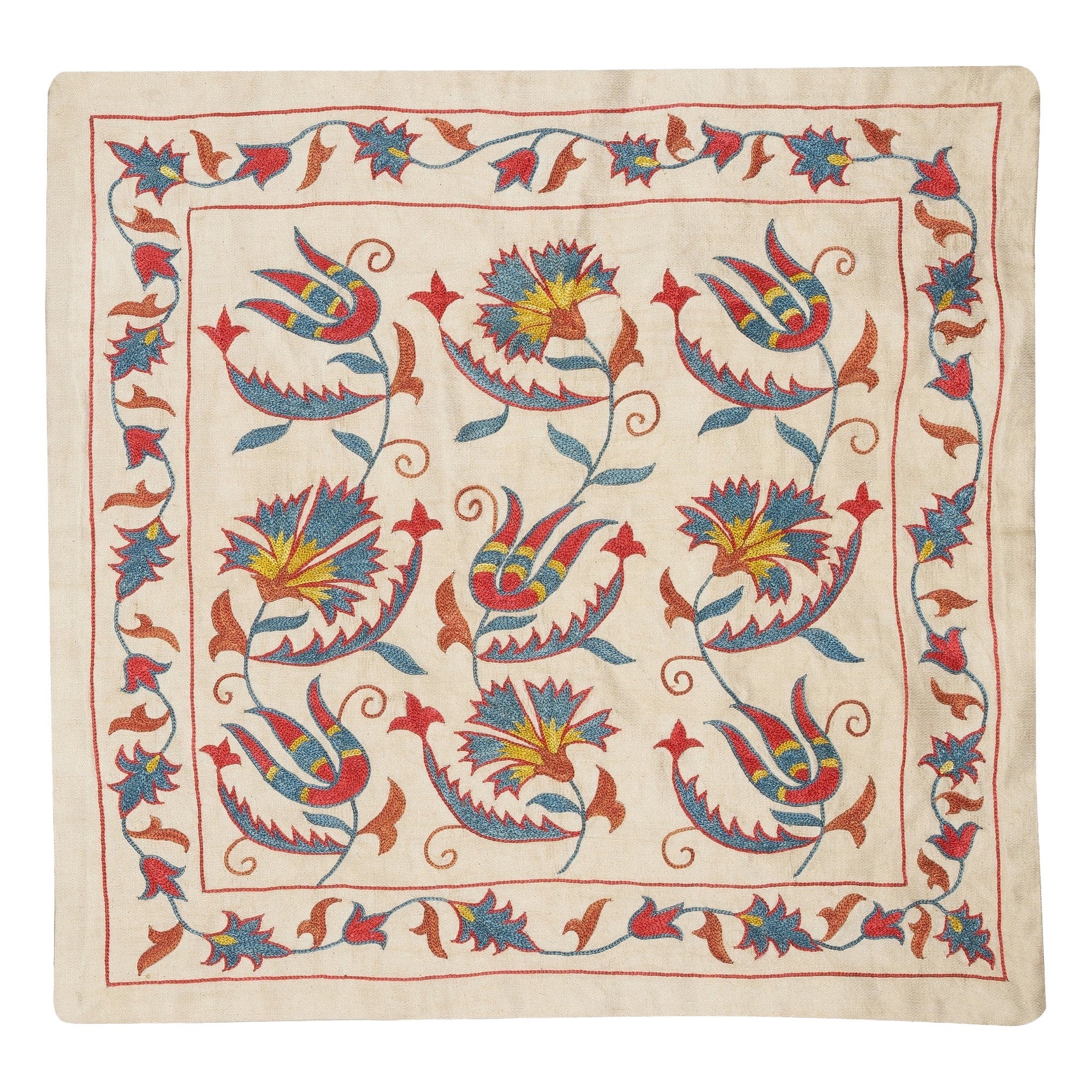 20"x20" 100% Silk Embroidered Pillow Cover. Colorful Handmade Cushion Cover