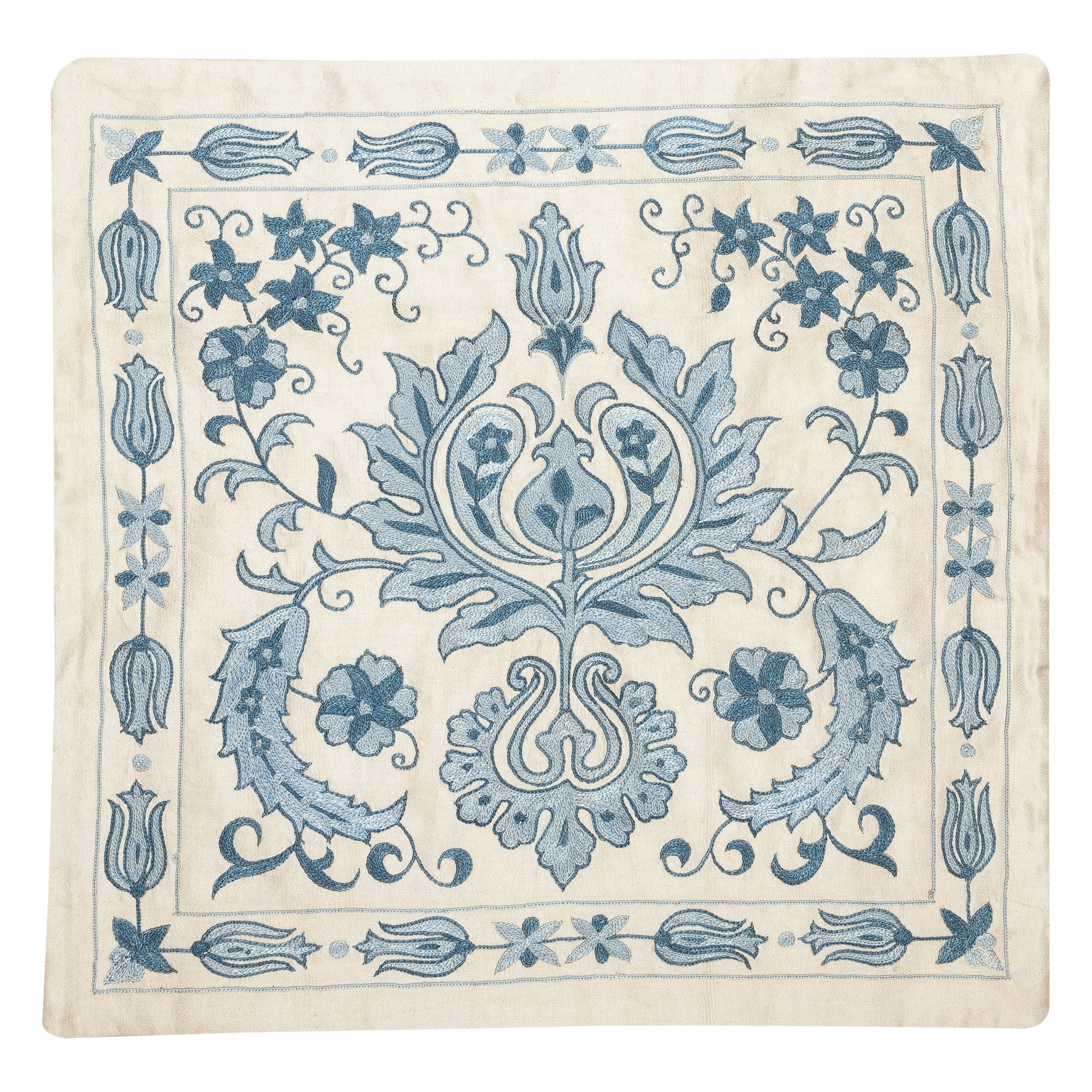 20"x20" 100% Silk Embroidered Cushion Cover. New Toss Pillow. Blue Lace Pillow