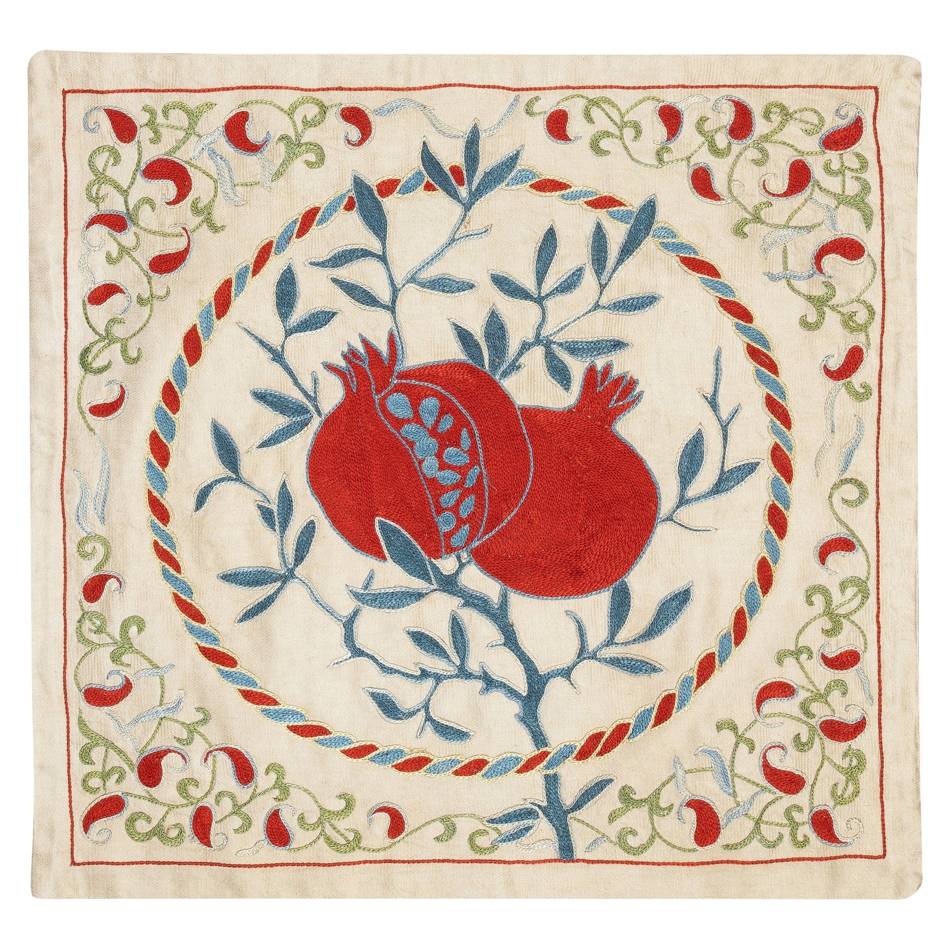 Cuscino da lancio ricamato in seta 20 "x20". Copricuscino con design melograno