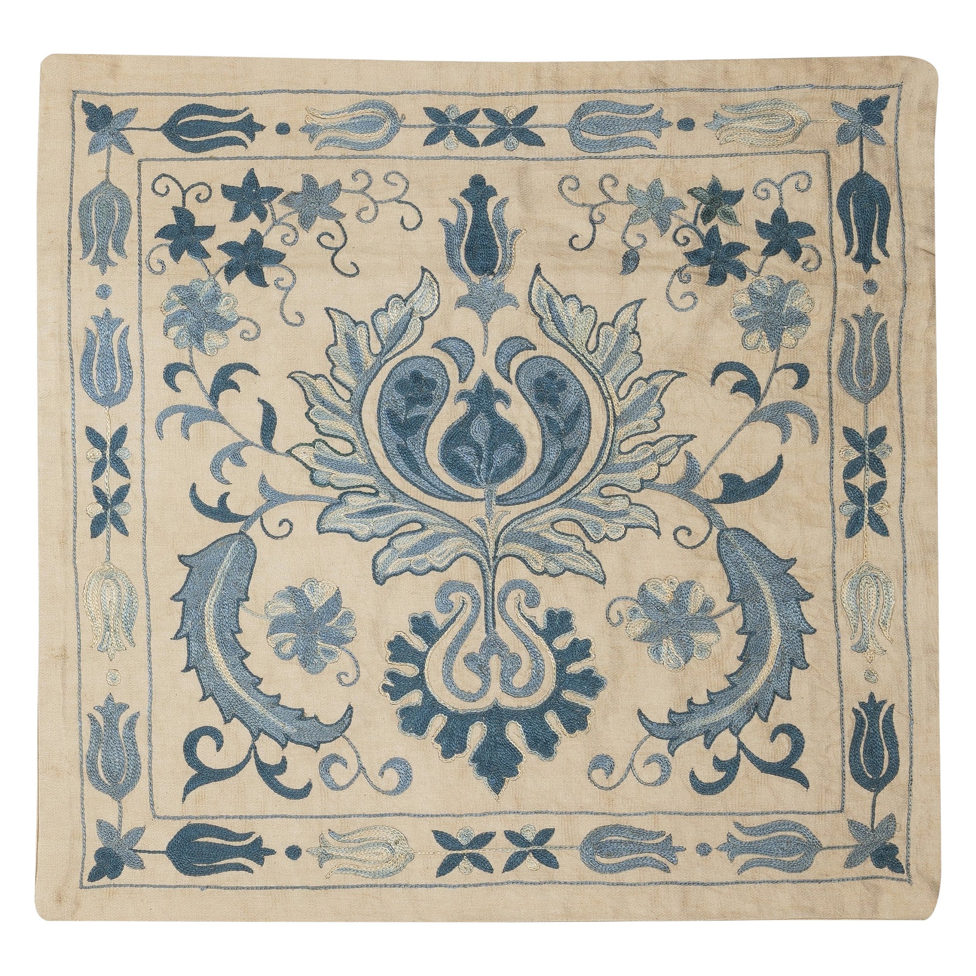 20"x20" 100% Silk Cushion Cover. Embroidered Lace Pillow. Blue Color Toss Pillow