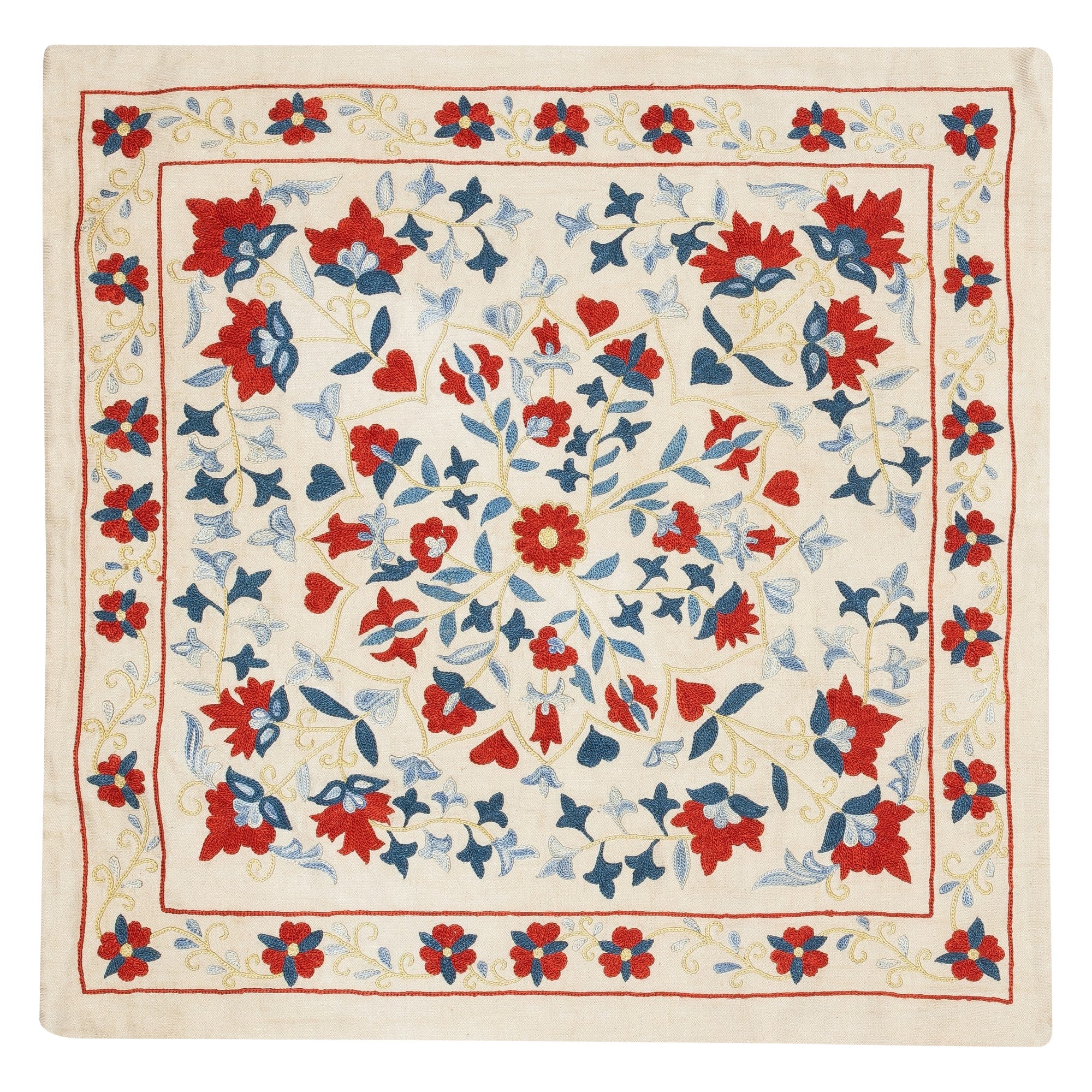 Cuscino in seta ricamato 20 "x21". Copri cuscino fatto a mano dal design floreale in vendita